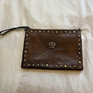 Pratesi Firenze Clutch/Wristlet Studded‎ Brown Pebbled Leather Purse Bag Italy